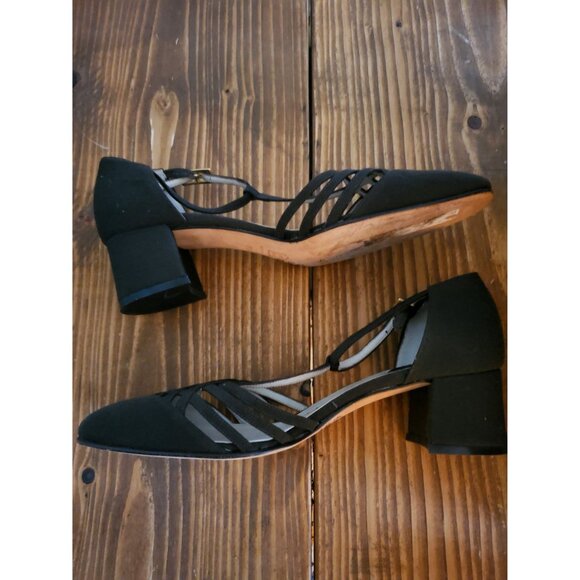 Vintage Made In Italy Brown Fabric Strappy Block Heel Shoes 8.5 - Picture 8 of 9